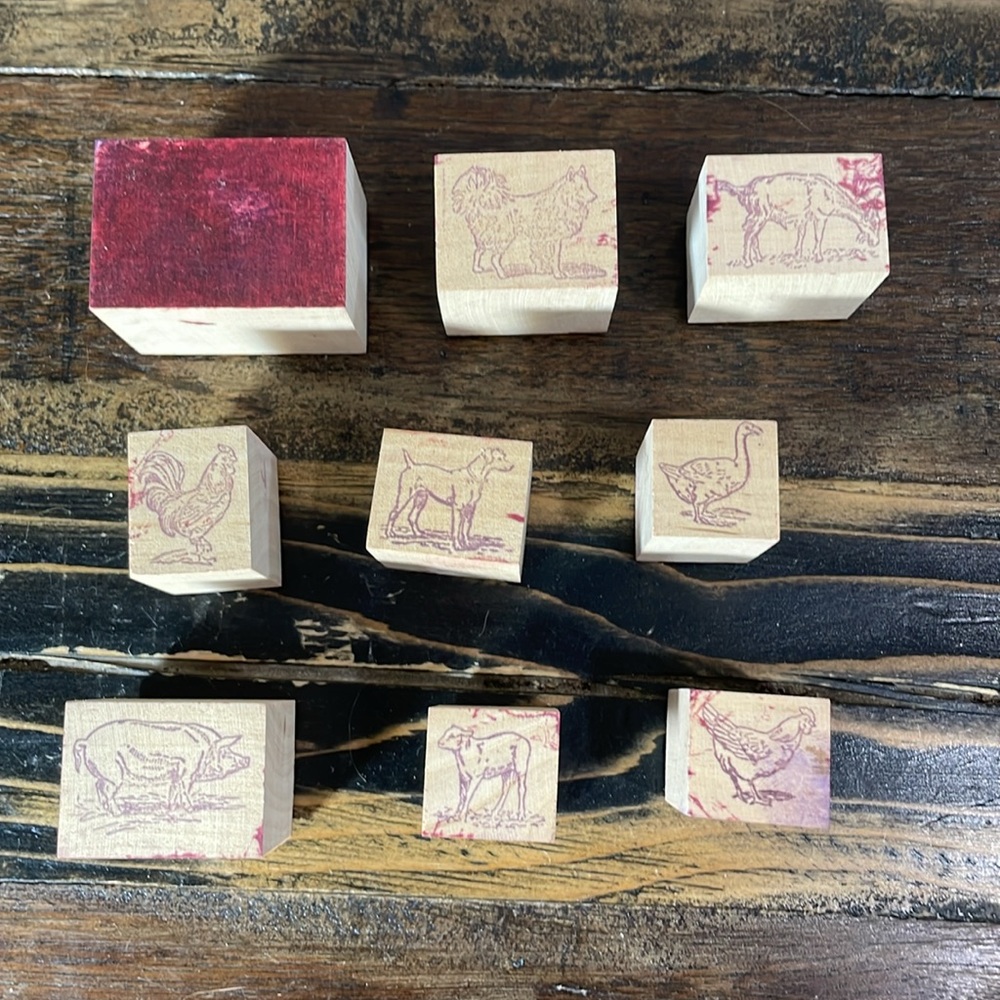 Rubber stamp collection animals horse dogs pig goat rooster chicken cow 9 in box - Picture 17 of 17